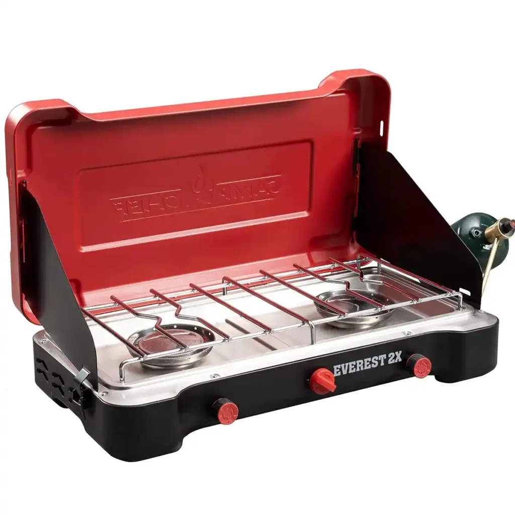 Camp Chef Everest 2X high-output 20,000 BTU burner camping stove for windy conditions.
