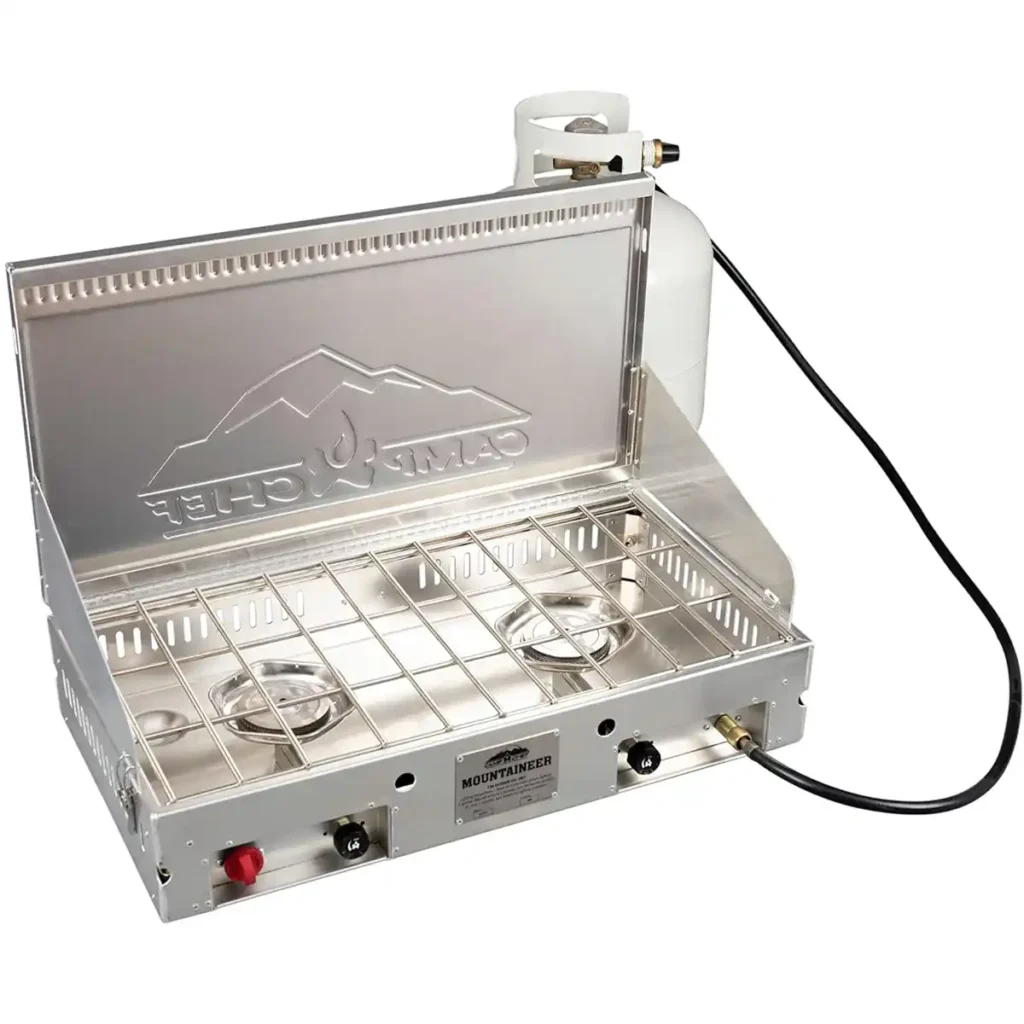 Camp Chef Mountaineer heavy-duty aluminum camping stove with integrated wind protection.