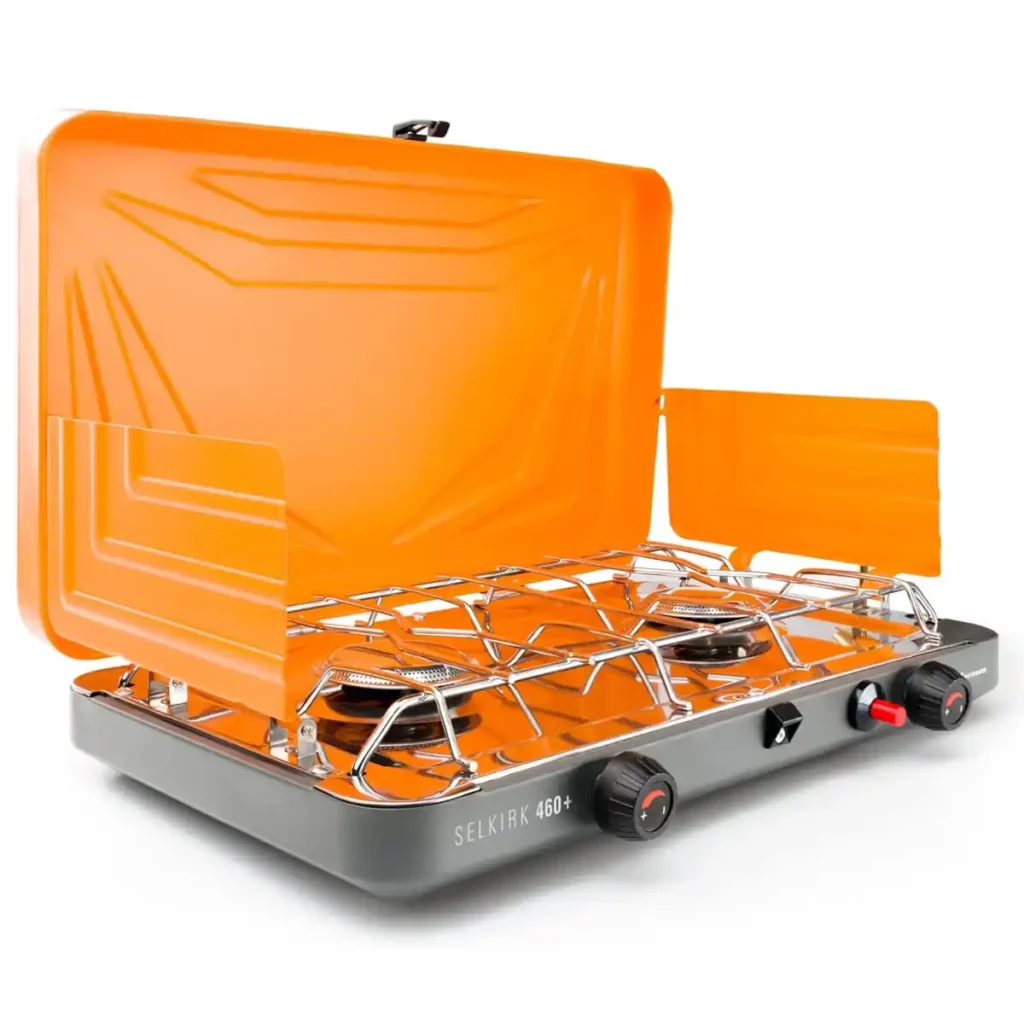 GSI Outdoors Selkirk 540 rugged steel camping stove with wraparound wind shields.