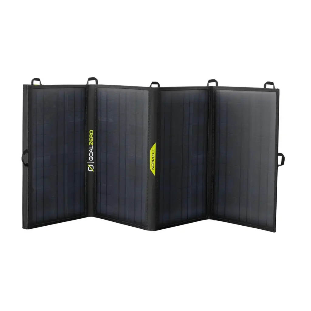 Goal Zero Nomad 50 ruggedized foldable solar panel with integrated 8mm charging cable and chainable design for extreme weather.
