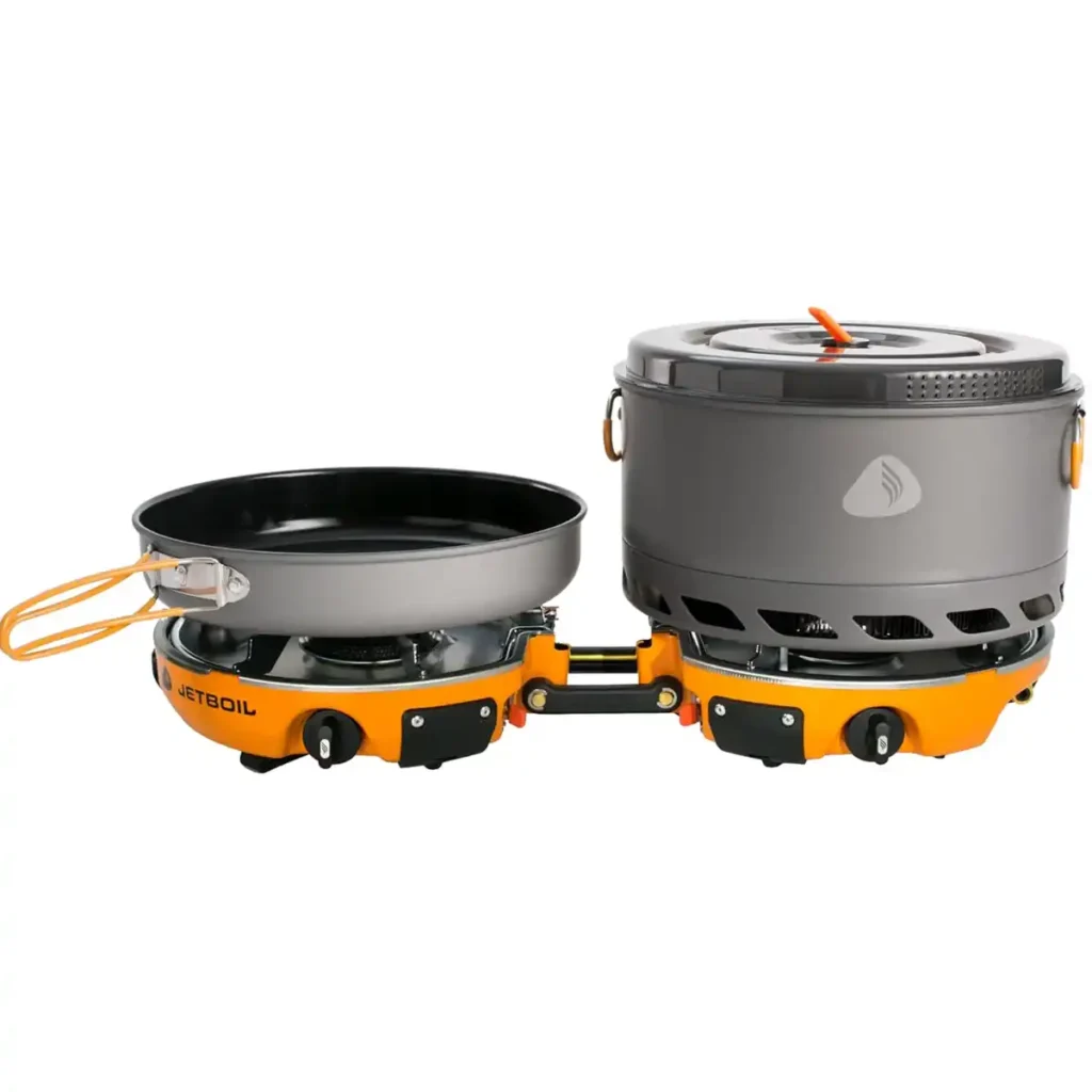 Jetboil Genesis Basecamp system with professional-grade folding windscreen for overlanding.
