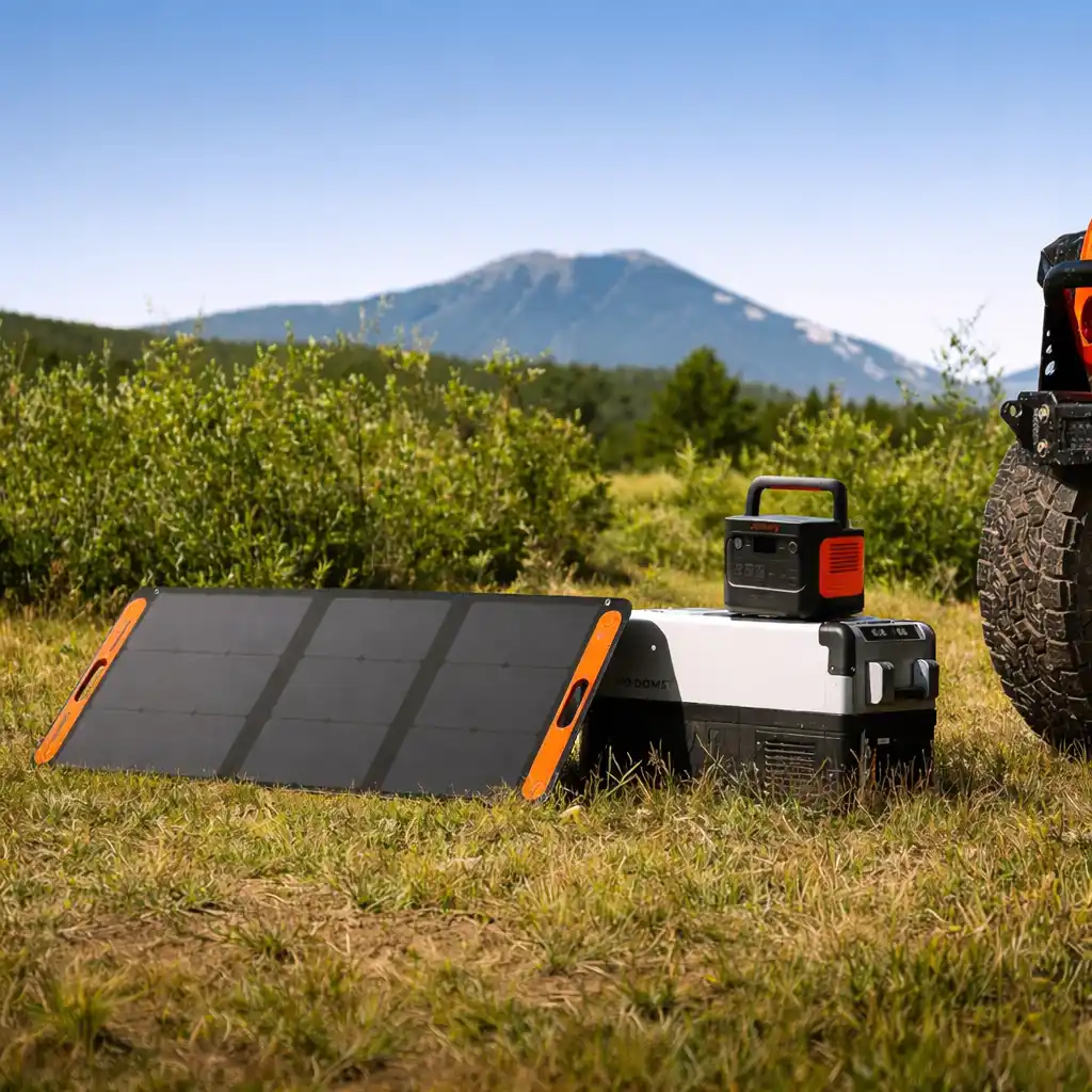 Portable solar power station with foldable solar panels set up on grassy terrain near an off-road vehicle, mountains in the background, outdoor camping energy setup