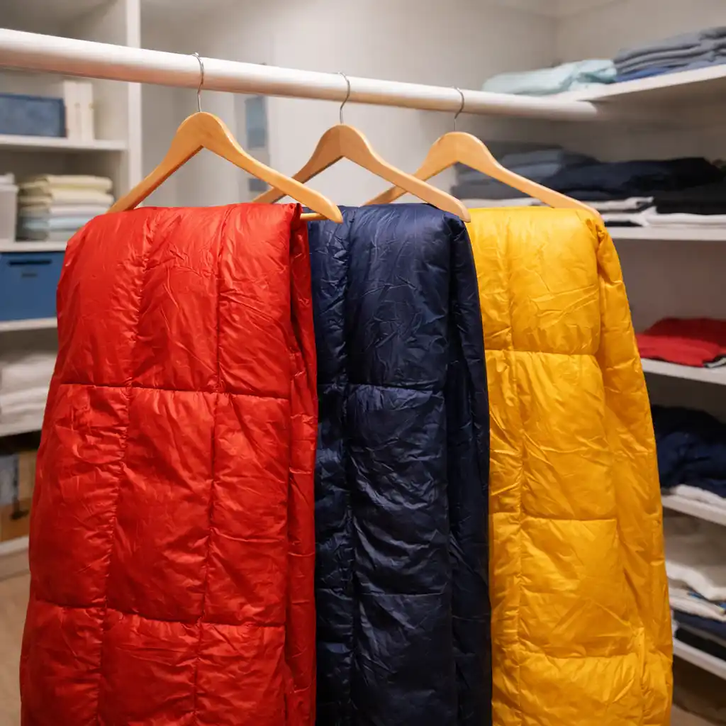 Three sleeping bags in red, dark blue, and yellow hanging on wooden hangers in a closet, demonstrating proper long-term storage to maintain insulation loft and warmth.