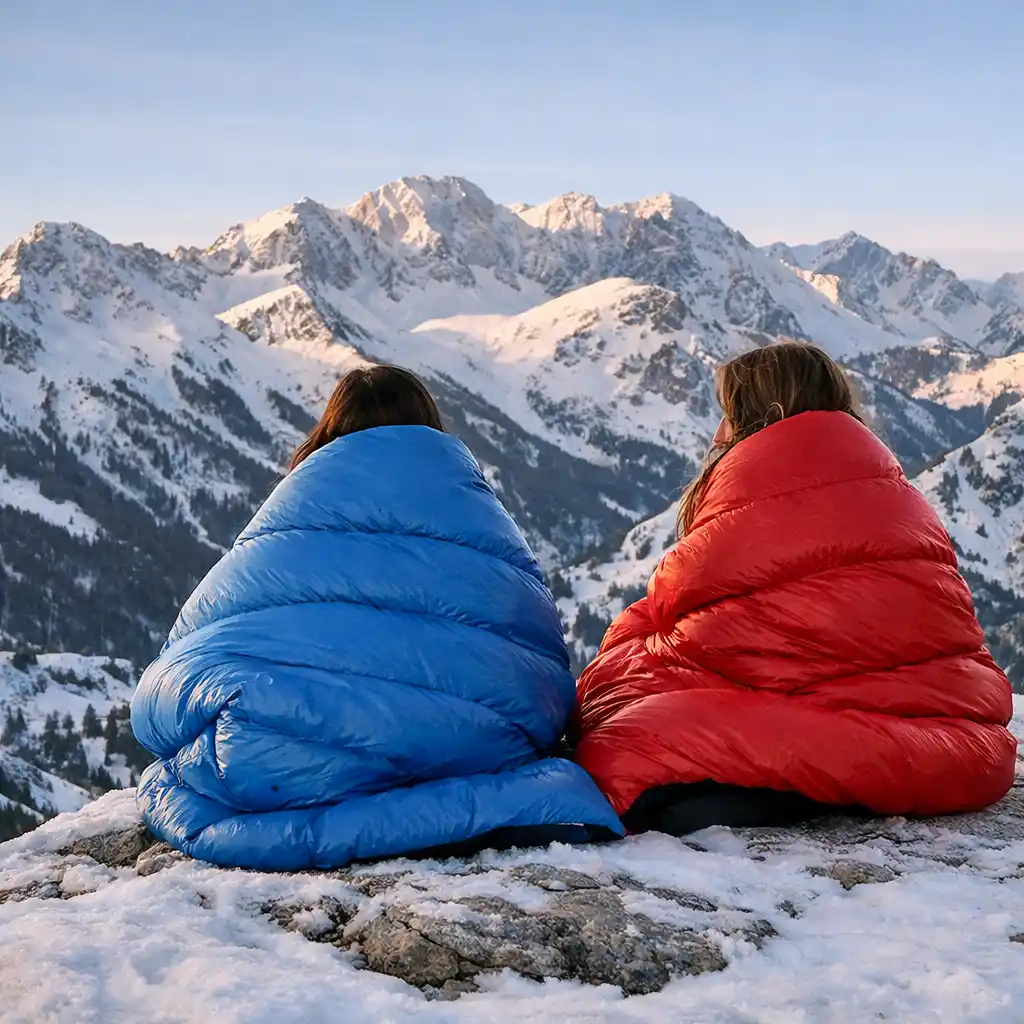 Two campers wrapped in blue and red sleeping bags sit on a snowy rocky ledge, overlooking snow-covered mountain peaks at sunrise, illustrating cold-weather insulation performance.