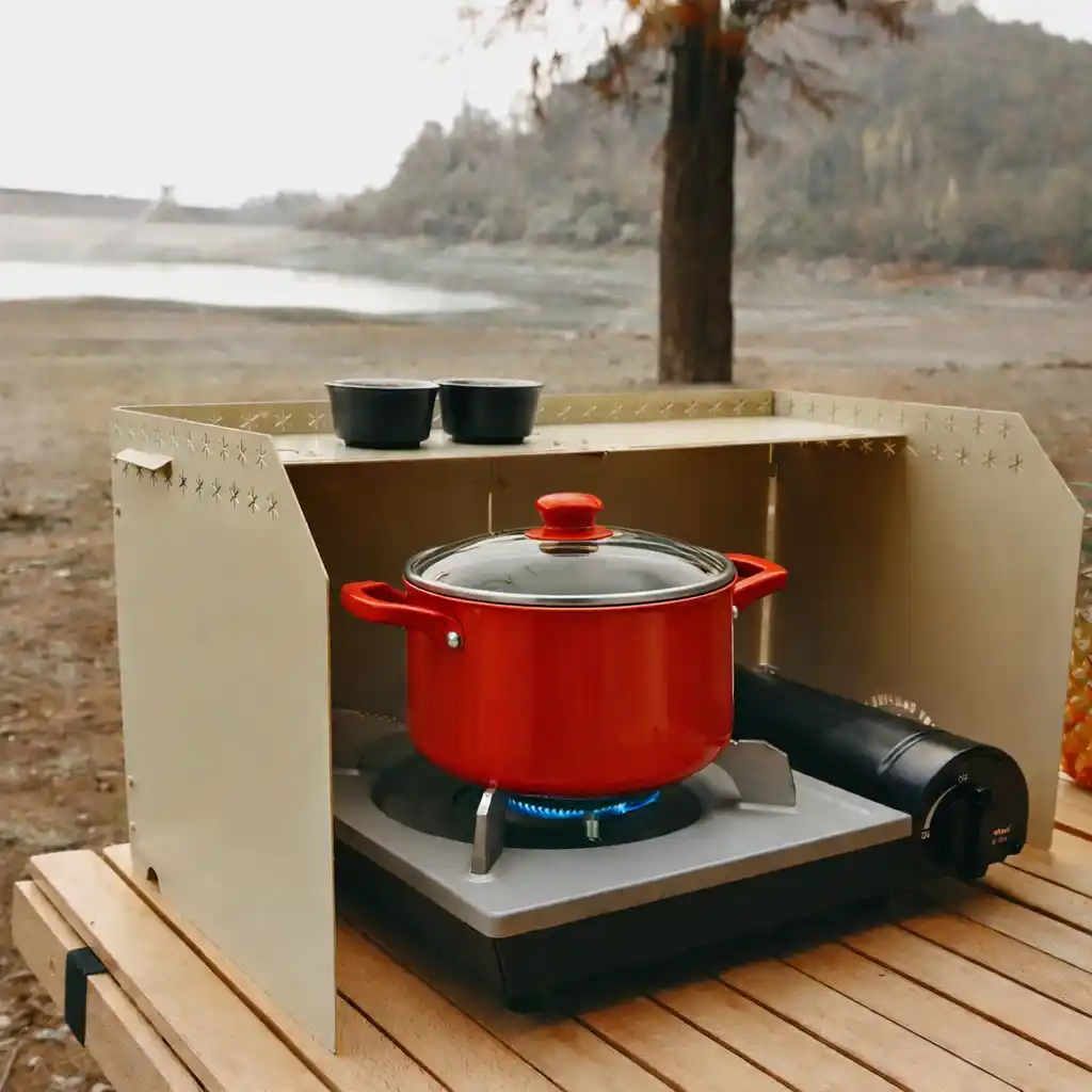 camping stove with wind shields blocking crosswinds