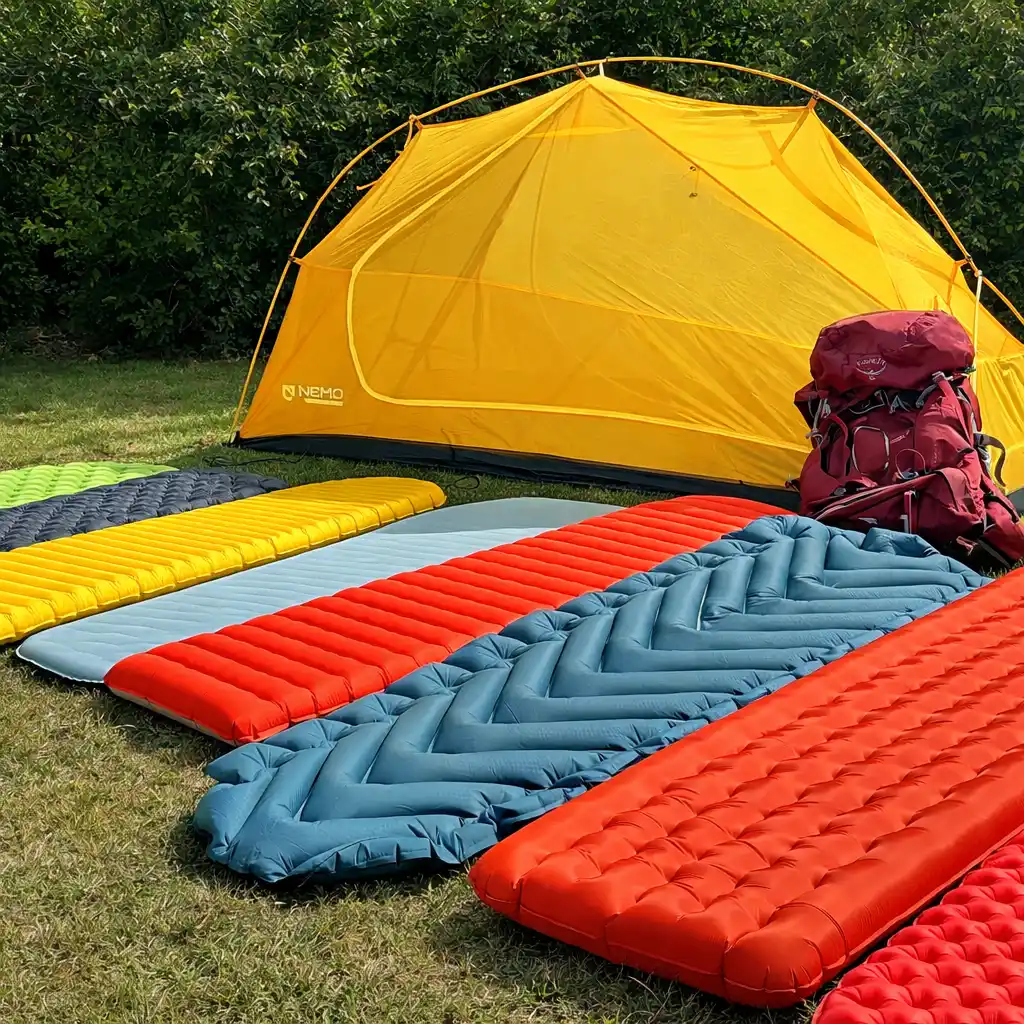 inflatable camping sleeping pads arranged outside a backpacking tent for comparison