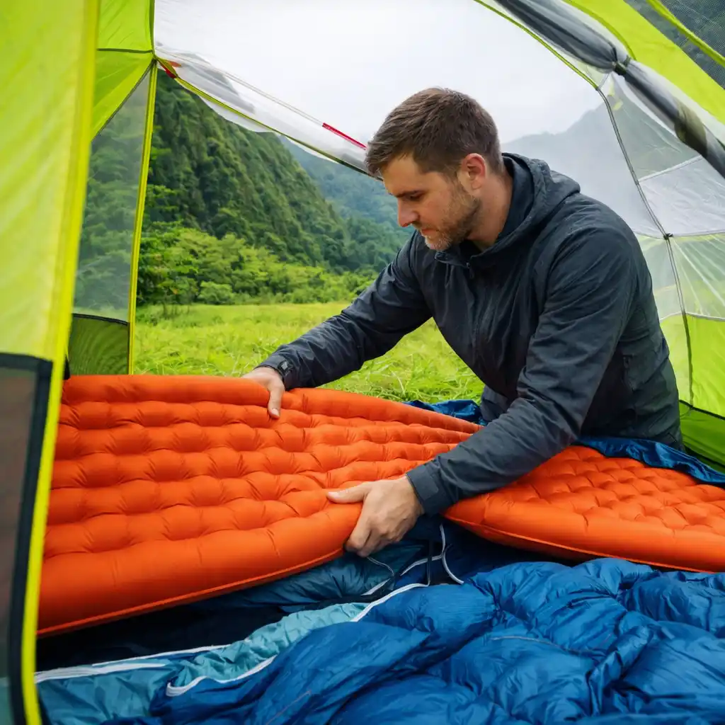 man adjusting inflatable sleeping pads inside a backpacking tent during campsite setup