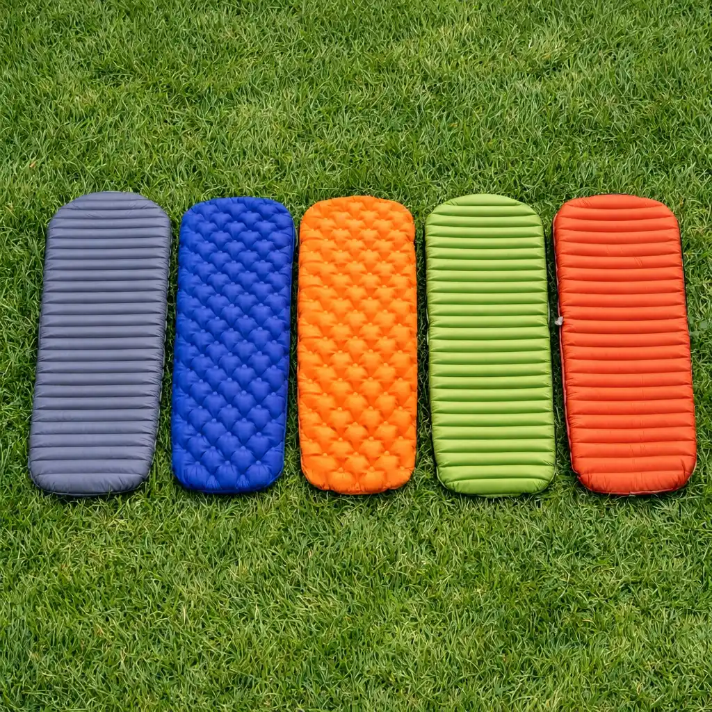 inflatable camping sleeping pads placed side by side for comparison on grass