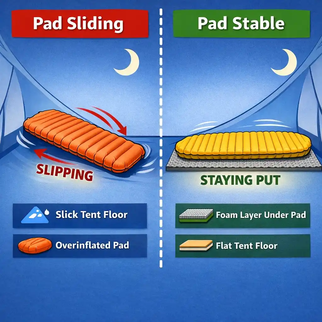 sleeping pad sliding vs stable sleeping pad setup on a tent floor comparison diagram