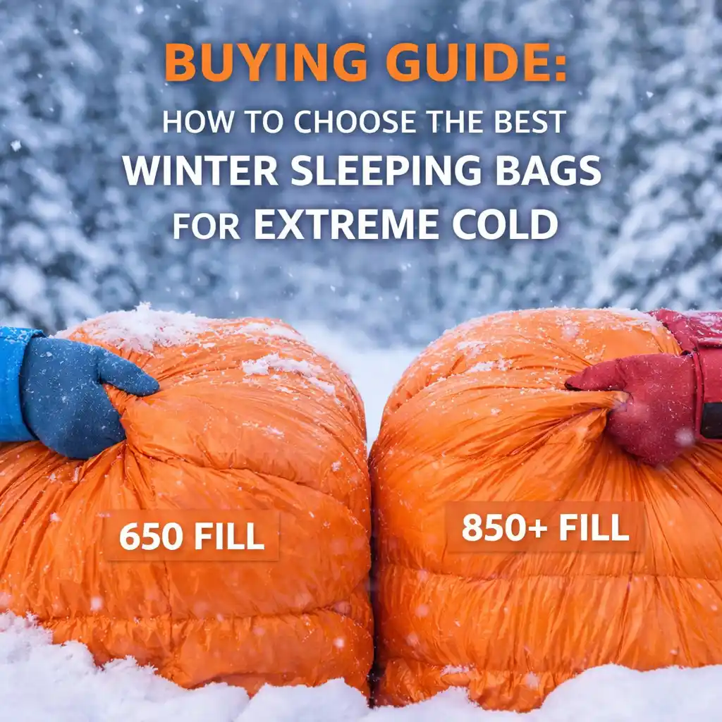 winter sleeping bag fill power comparison 650 vs 850 plus showing insulation thickness in snow conditions