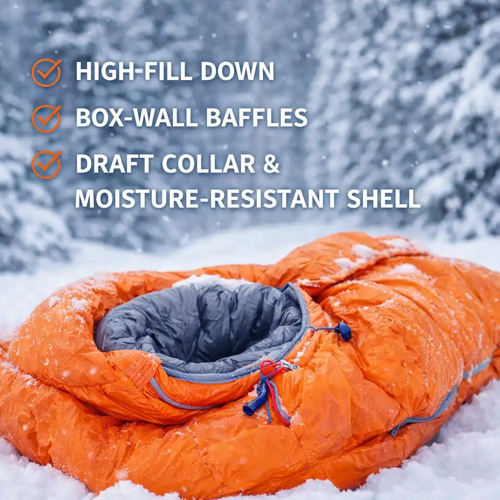 winter sleeping bag with high fill down box wall baffles and draft collar shown in snowy conditions
