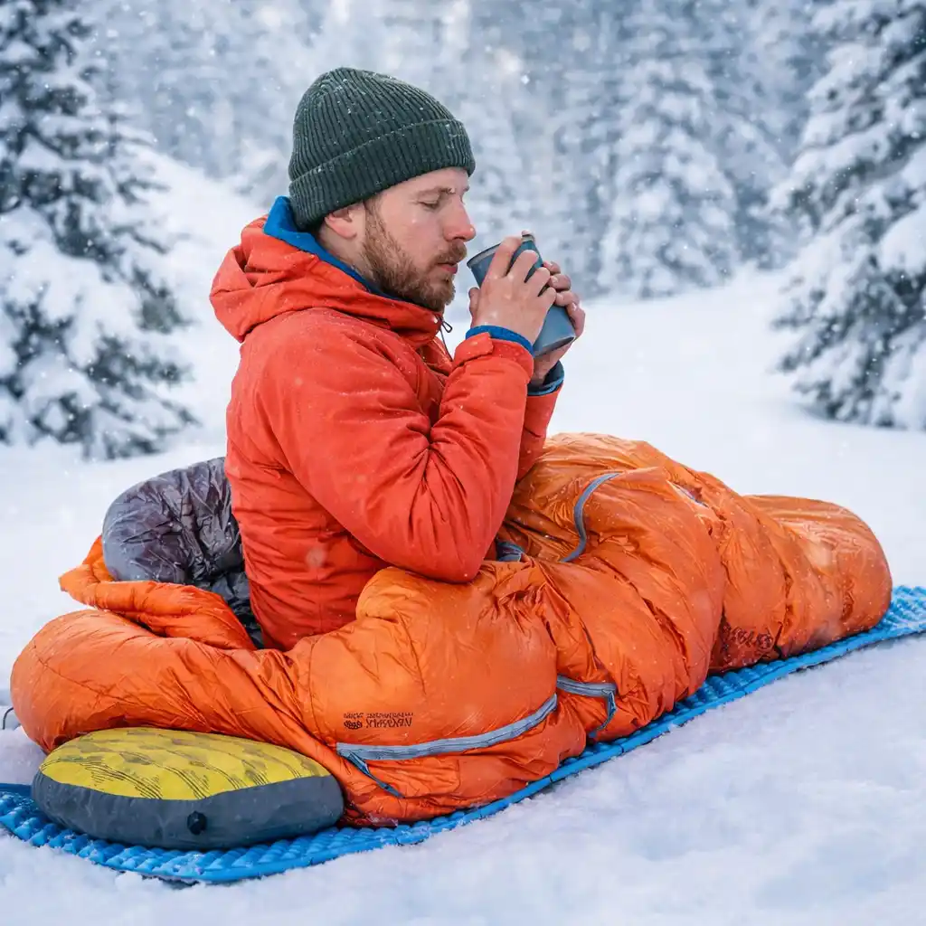 man using winter sleeping bag in sub zero snow conditions while camping in forest