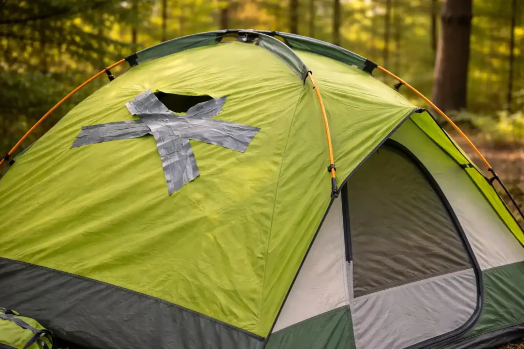 A lime green dome camping tent with a torn section on the top patched with silver duct tape in a forest setting