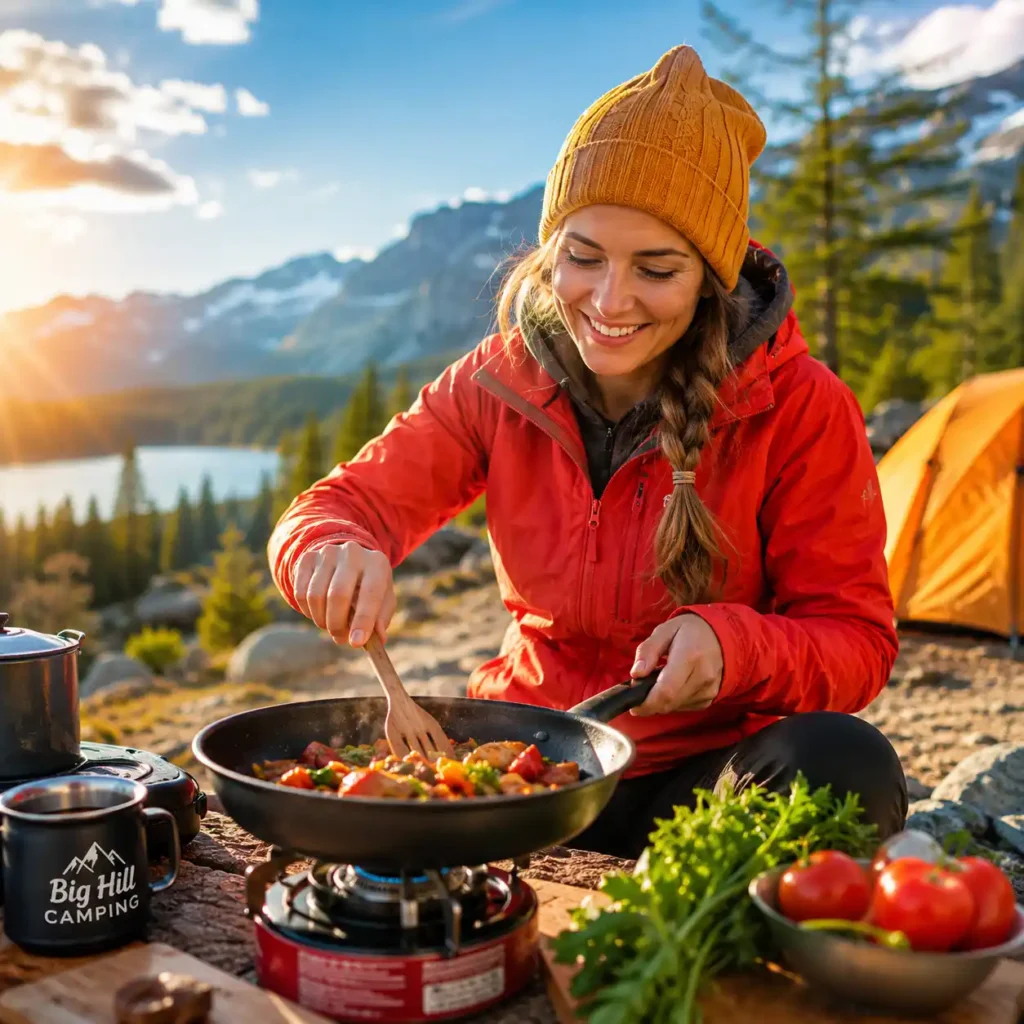 Woman cooking breakfast with a camping frying pan on a camp stove at a sunny mountain campsite
