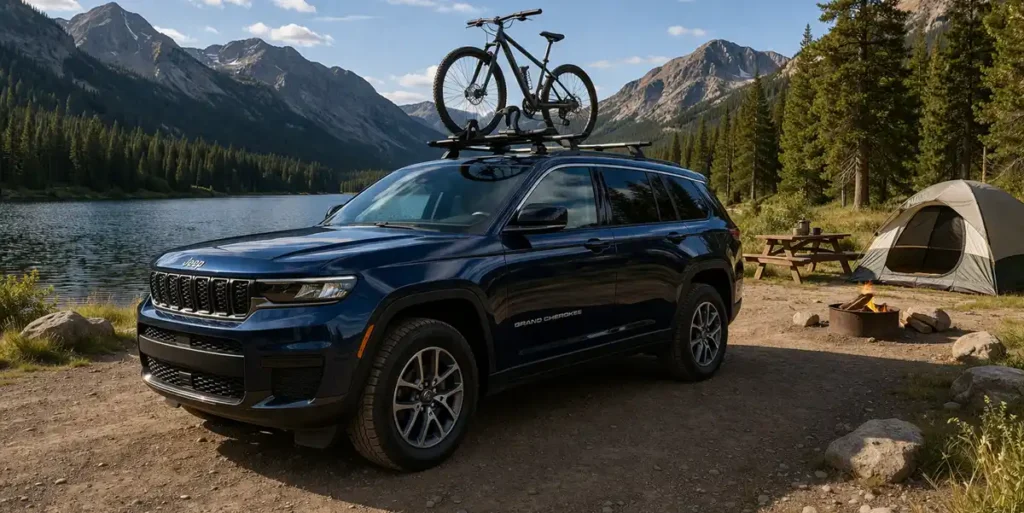 Best crossbars for roof racks installed on Jeep Grand Cherokee with bike rack setup at mountain campsite