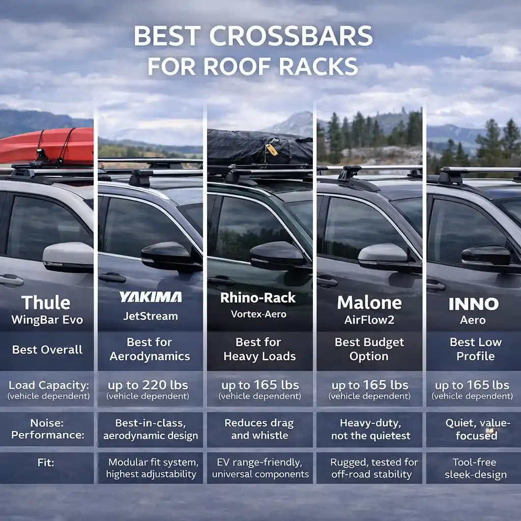 comparison of best roof rack crossbars including Thule Yakima Rhino Rack Malone and INNO with load capacity noise and fit overview