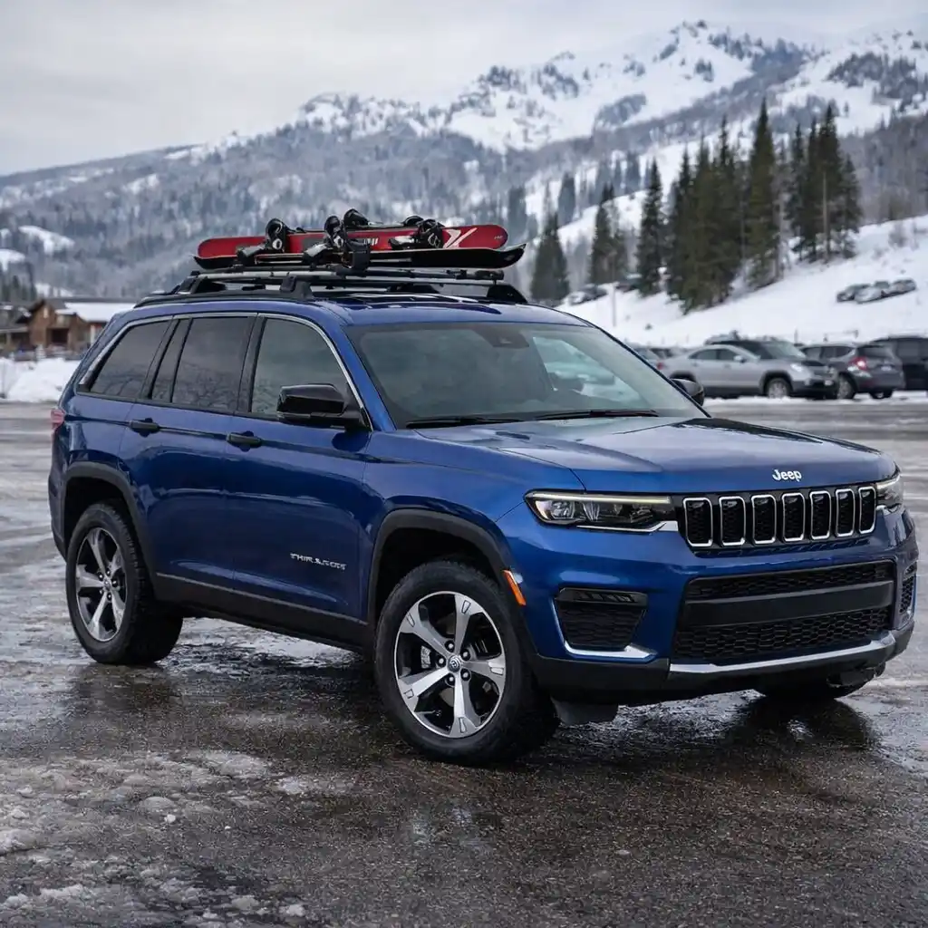 blue Jeep SUV with roof rack crossbars carrying skis in snowy mountain environment
