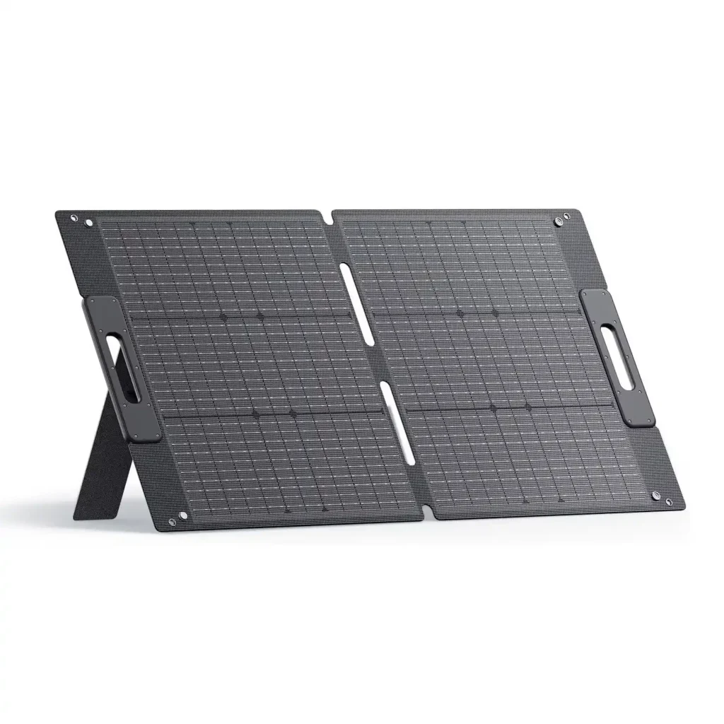 Bluetti portable solar panel with larger surface area capturing low-angle sunlight during car camping setup