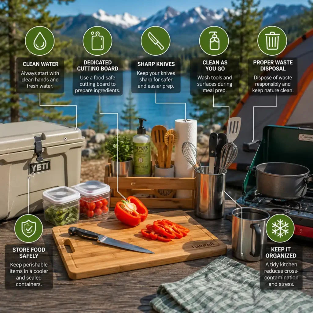 Organized camp kitchen setup featuring a camping cutting board, cooking utensils, food storage containers, and cleaning supplies for safer outdoor meal preparation.