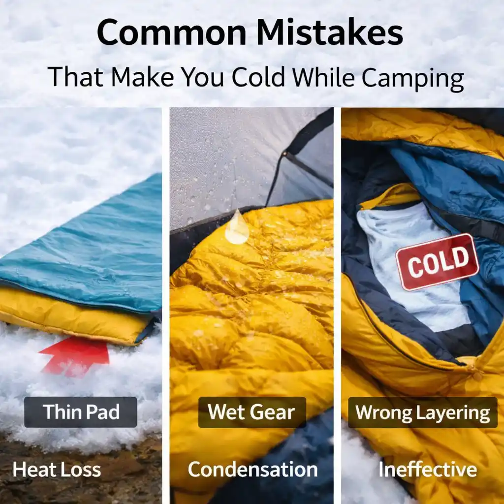common camping mistakes that make you cold thin pad heat loss wet gear condensation wrong layering ineffective