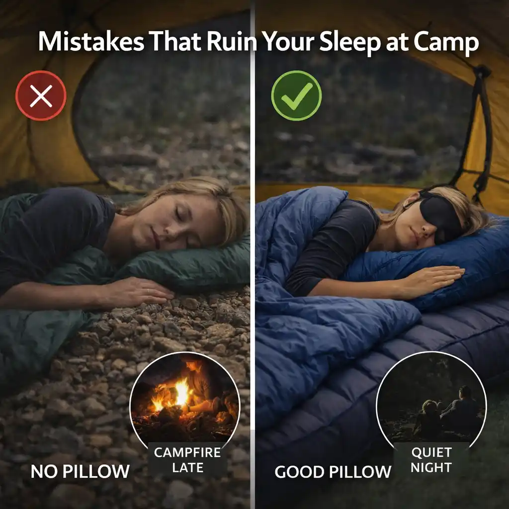 Camping sleep mistakes comparison showing poor setup with no pillow and uneven ground versus proper comfortable sleep setup