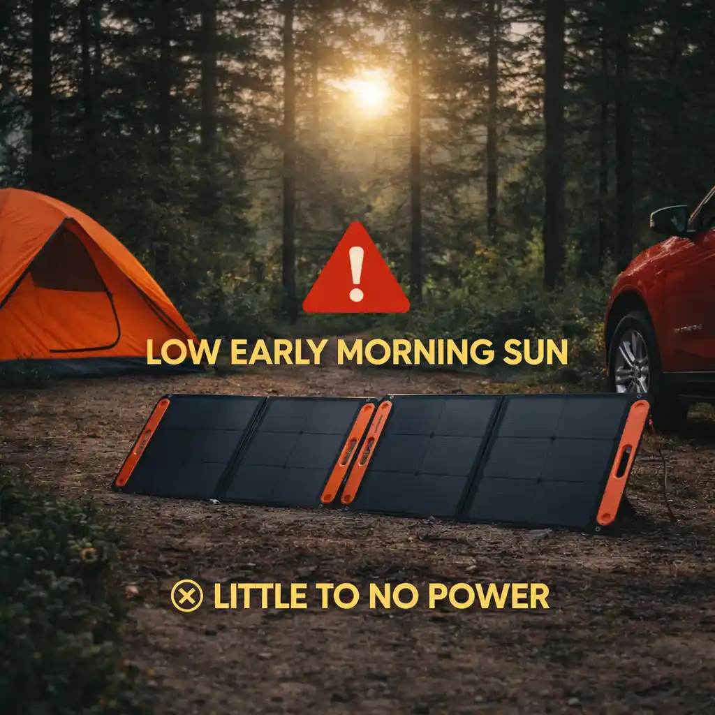 portable camping solar panels producing little power in low morning sunlight under forest shade