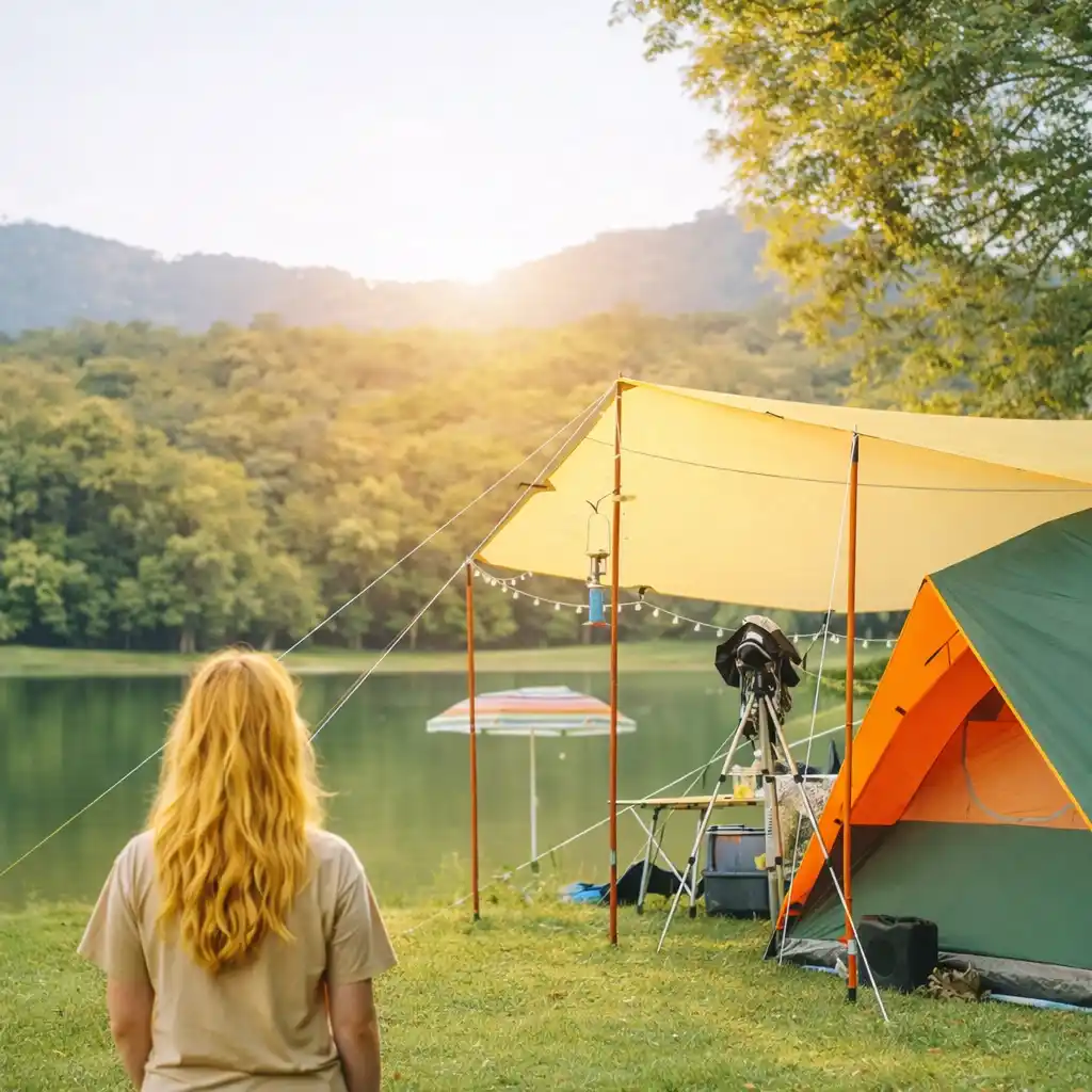 camping tarp canopy set up near lake with tent and shade structure in outdoor campsite