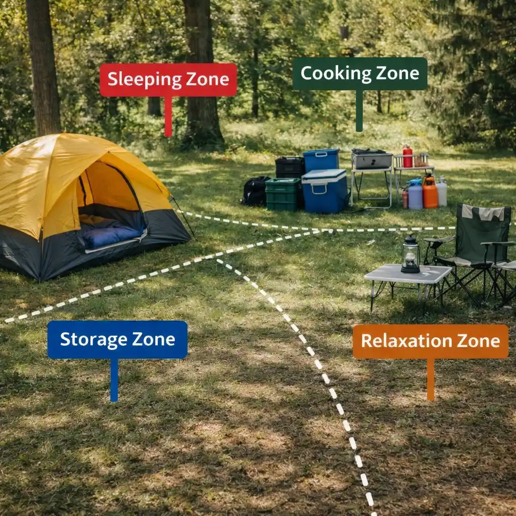 campsite zoning system with sleeping cooking storage and relaxation zones layout example