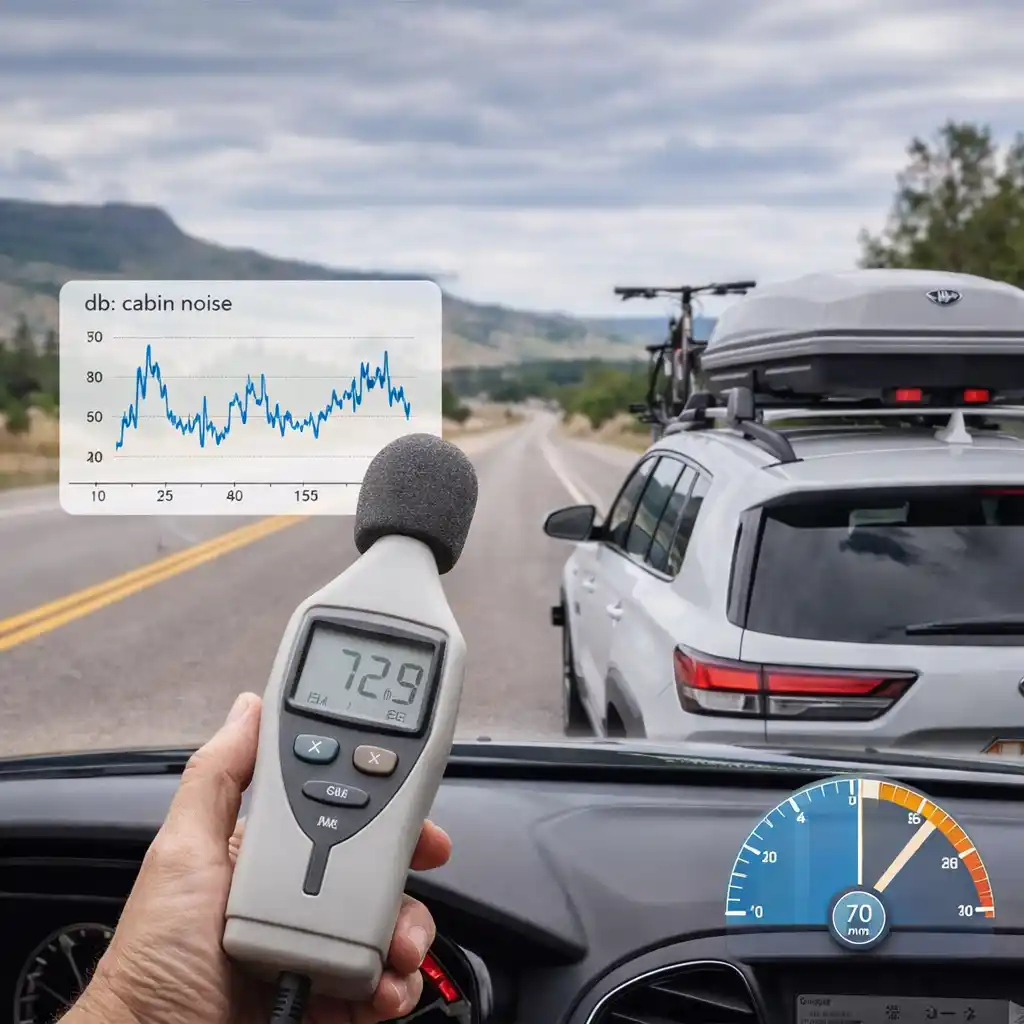 measuring wind noise inside car during roof rack crossbar testing at highway speed with cargo box and bike mounted