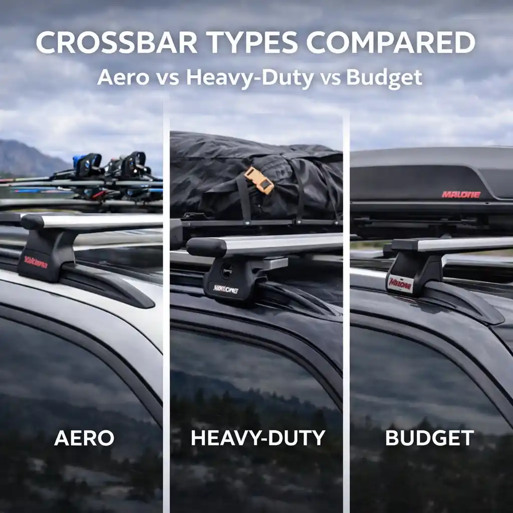 roof rack crossbar types compared including aero heavy duty and budget crossbars with different load and noise characteristics