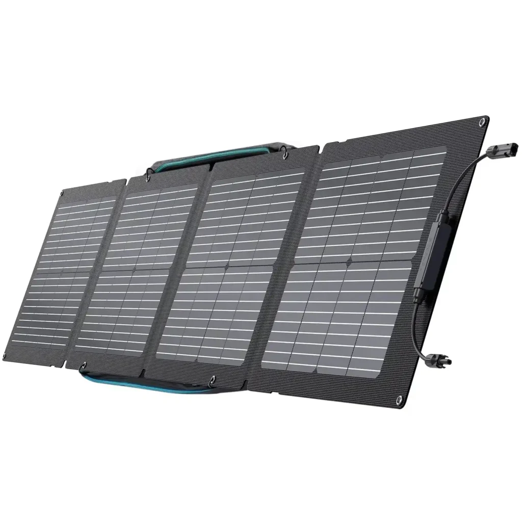 EcoFlow 110W portable solar panel positioned toward low-angle sunlight at a campsite for stable off-grid charging