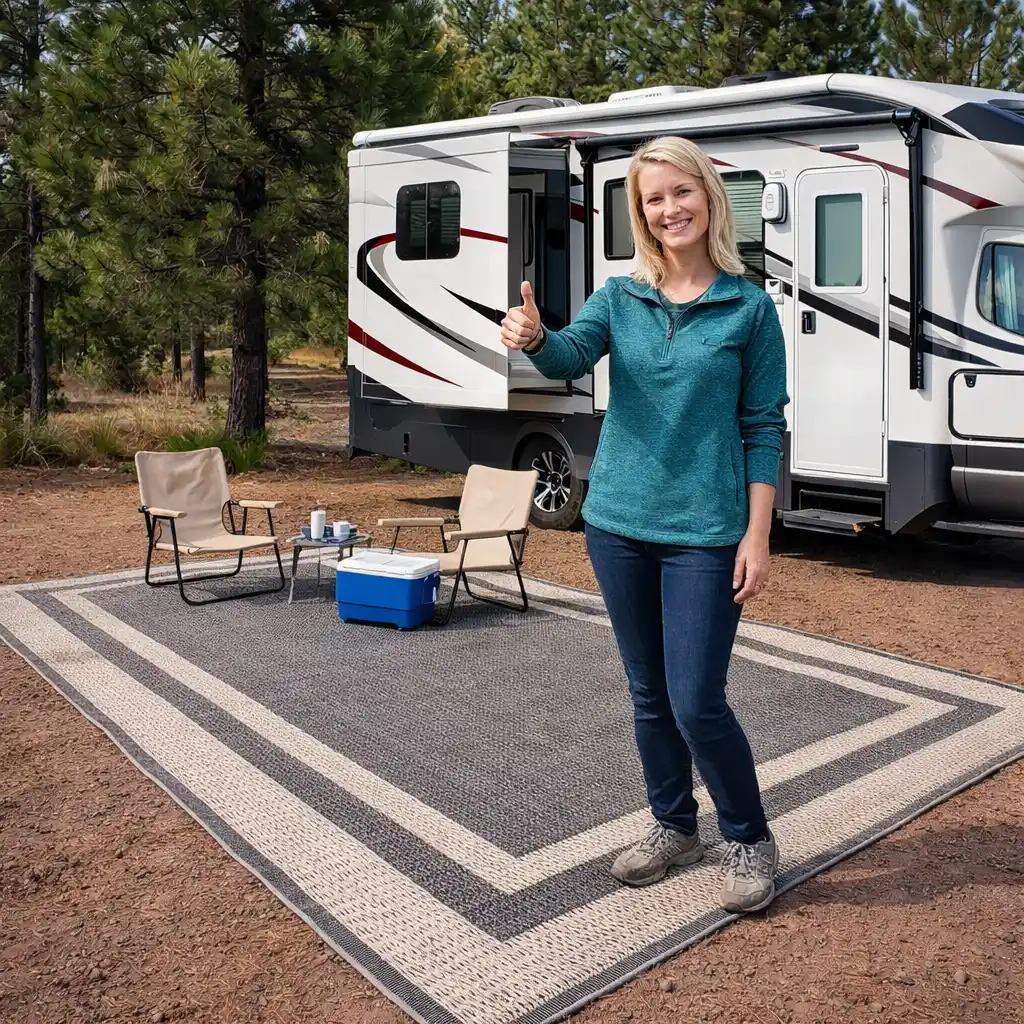 blonde woman standing on outdoor ground mat at muddy campsite near rv giving thumbs up showing clean dry camping setup
