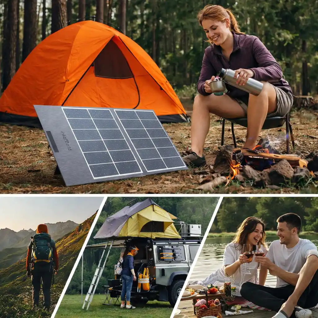 different camping solar panel setups including backpacking car camping and lakeside use scenarios