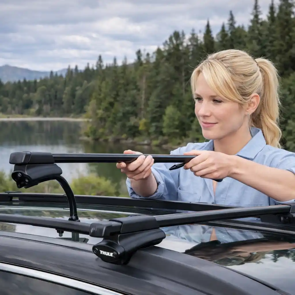 woman installing roof rack crossbars on SUV showing how to choose and fit crossbars for a vehicle setup