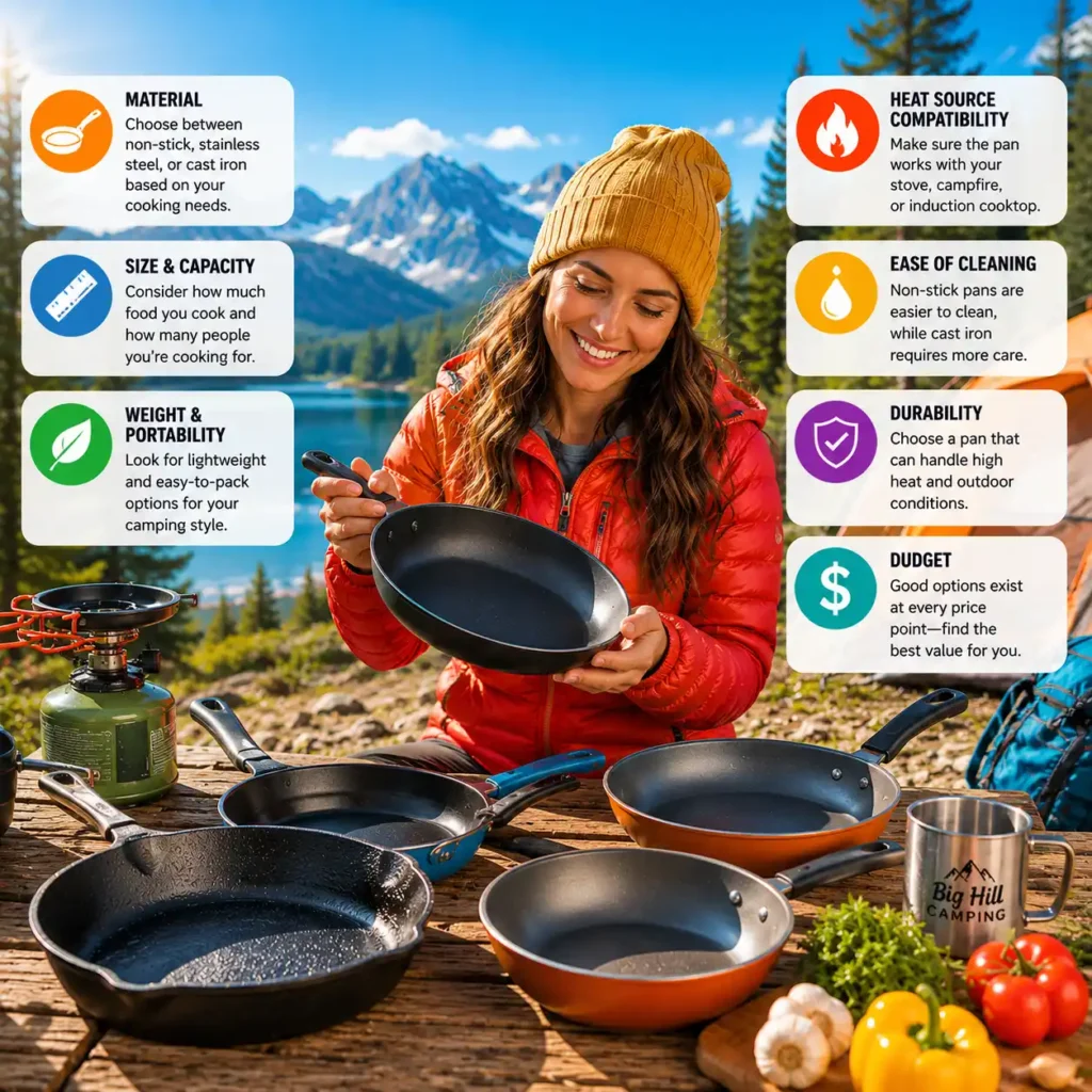 Woman comparing different camping frying pans at a sunny campsite while choosing the best cookware for outdoor cooking