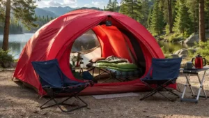 organized campsite layout with red tent and camping zones setup in forest