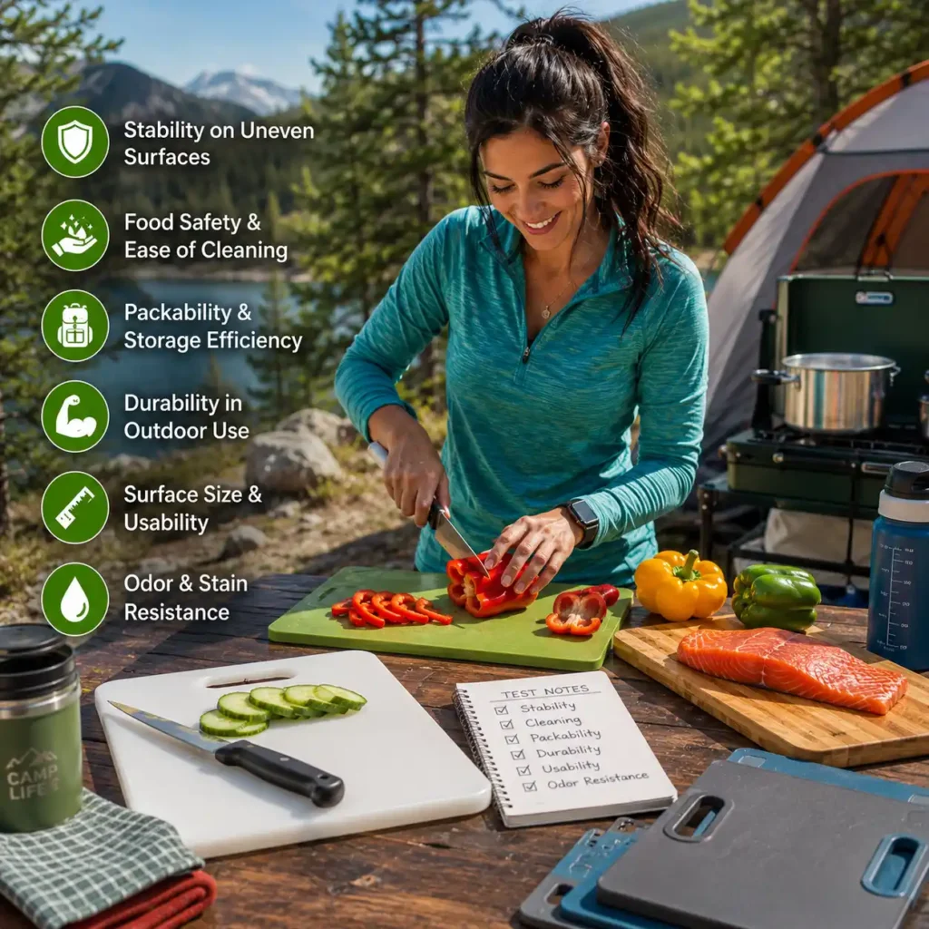 Woman testing camping cutting boards at a sunny lakeside campsite, evaluating food safety, stability, durability, and ease of cleaning.