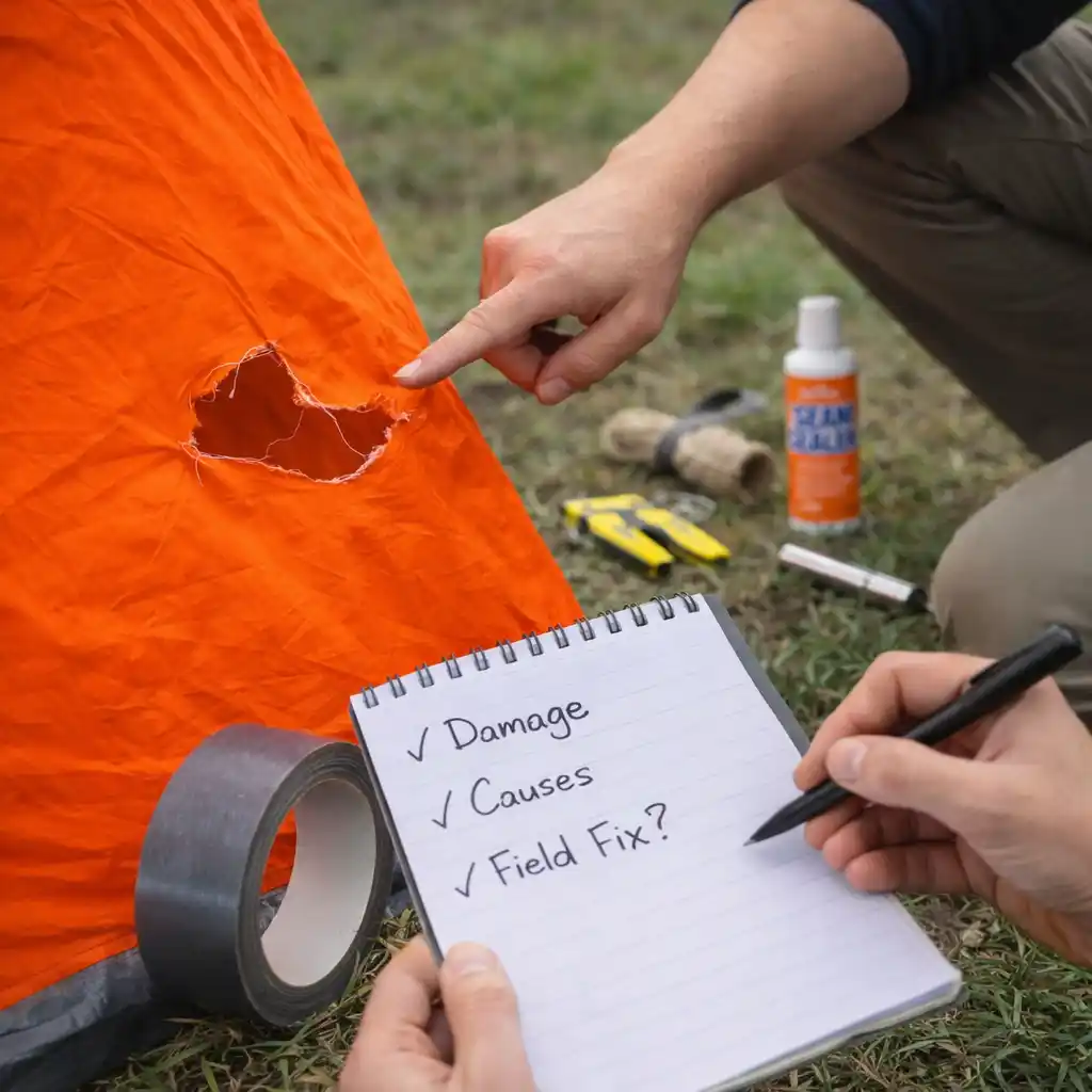 Inspecting torn camping tent fabric before repair, assessing damage and planning field fix outdoors