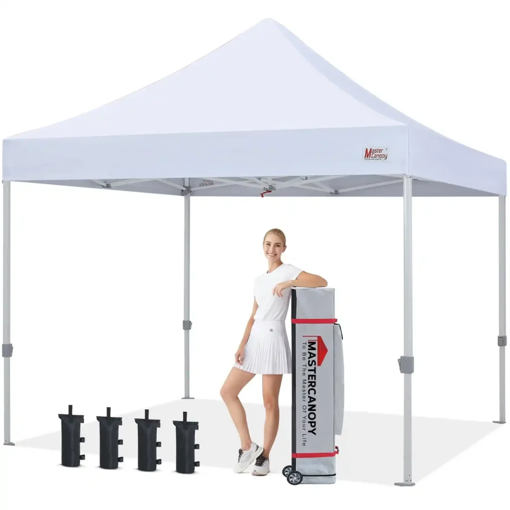 MasterCanopy 10x10 pop-up canopy providing affordable shade at campsite with steel frame
