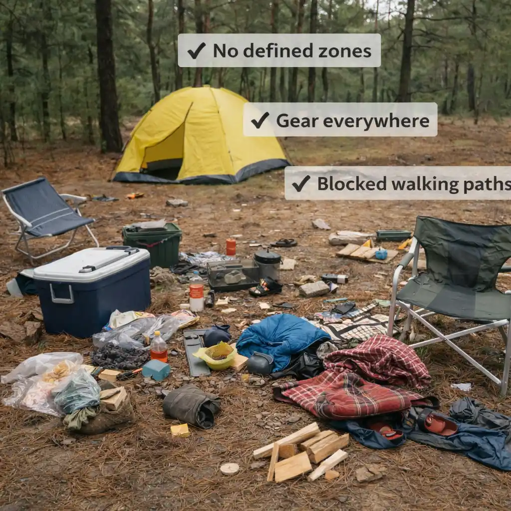 messy campsite with no defined zones gear scattered everywhere and blocked walking paths causing disorganization