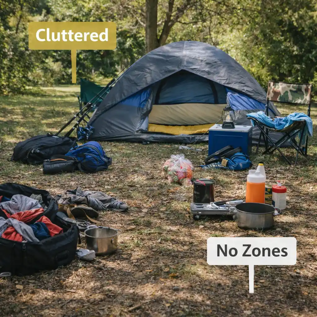 disorganized campsite layout with cluttered gear and no defined zones causing inefficiency
