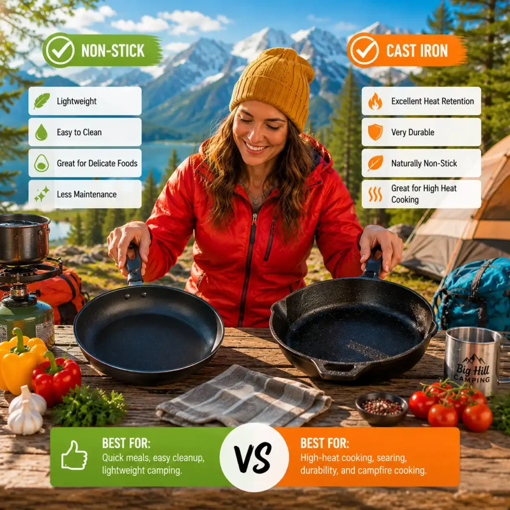 Woman comparing non-stick and cast iron camping frying pans at a sunny campsite to determine which cookware is better for outdoor cooking