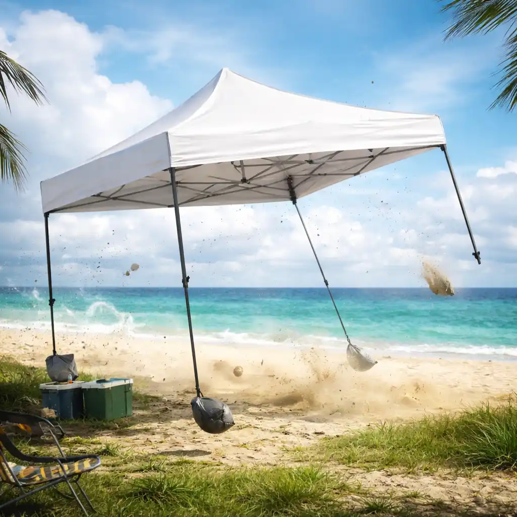 white pop up canopy lifted by strong wind on beach showing instability without proper anchoring