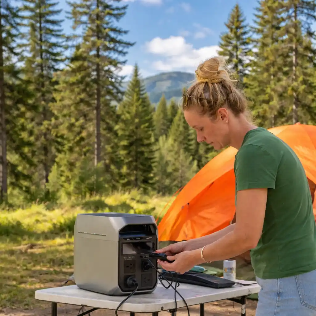 portable power station for vehicle camping setup charging devices on camping table near tent in outdoor environment