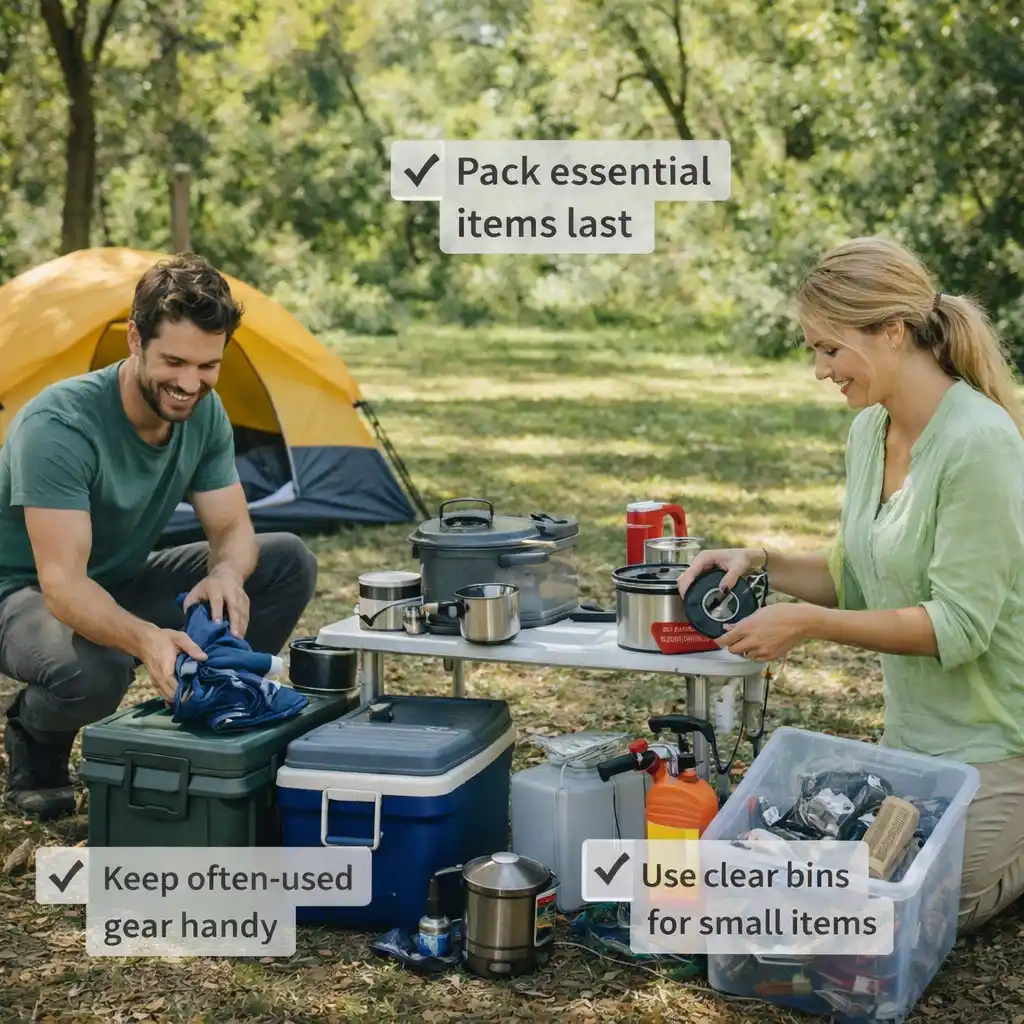 organizing camping gear at campsite with storage bins and practical setup tips for clean and efficient layout
