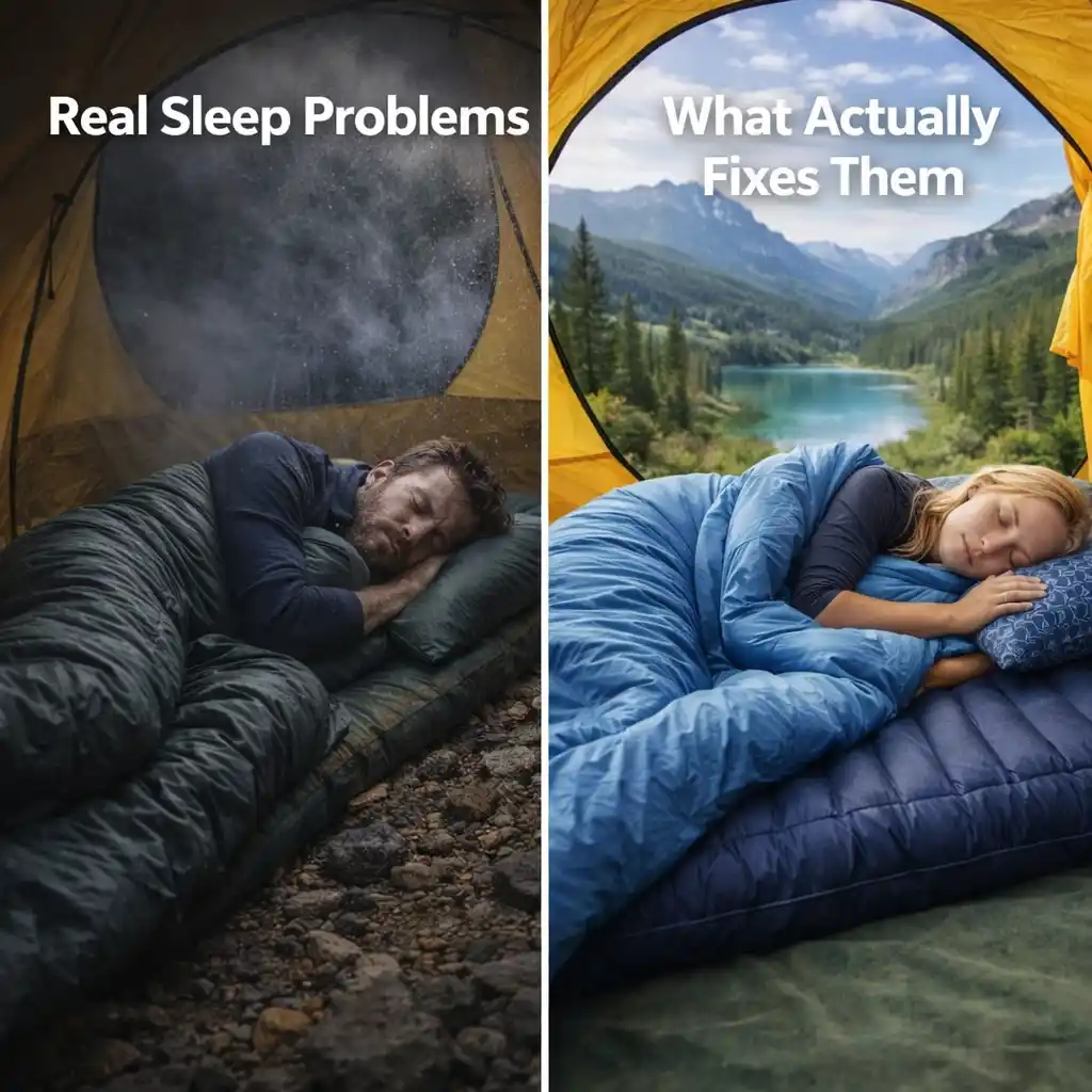 Comparison of poor vs comfortable camping sleep setup showing cold damp tent conditions and proper insulated sleeping system