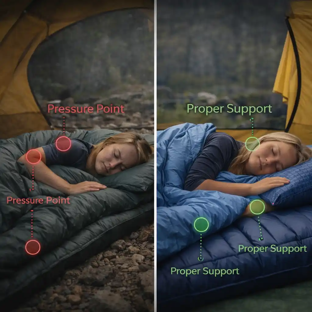 Camping sleep setup comparison showing pressure points on thin pad vs proper support on thick sleeping pad and pillow