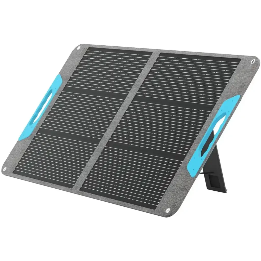 Renogy 100W foldable solar panel set up in partial sunlight for budget-friendly camping power
