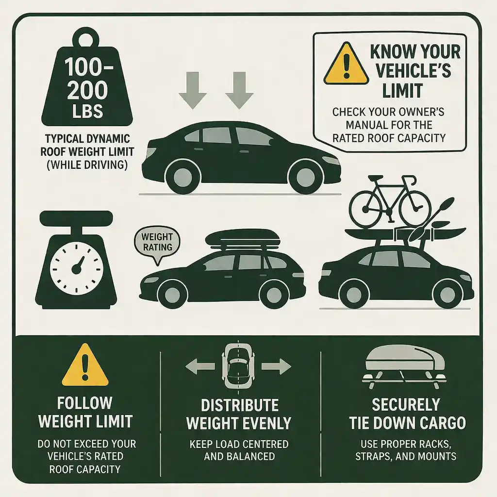 roof rack weight capacity guide showing load limits crossbars cargo distribution and vehicle camping roof system setup