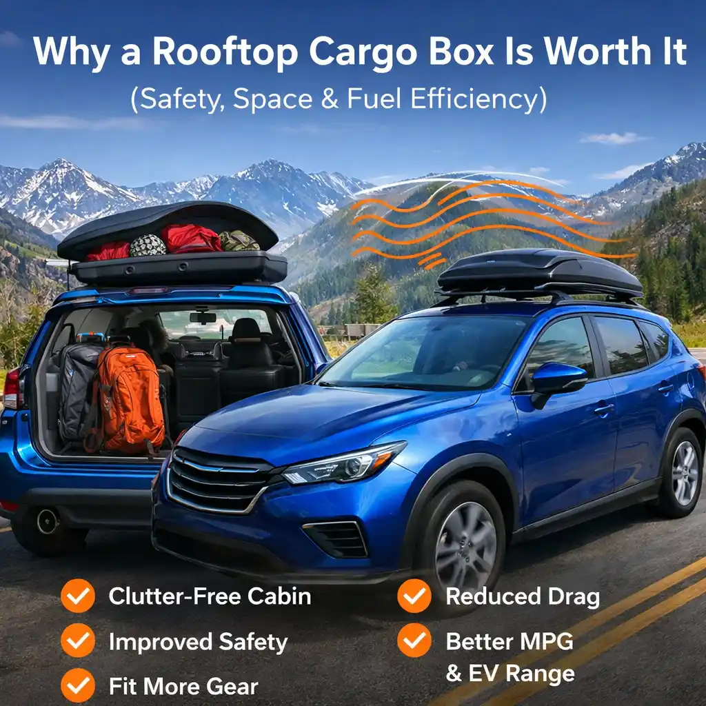 rooftop cargo box benefits for camping gear showing safety space and fuel efficiency on SUV